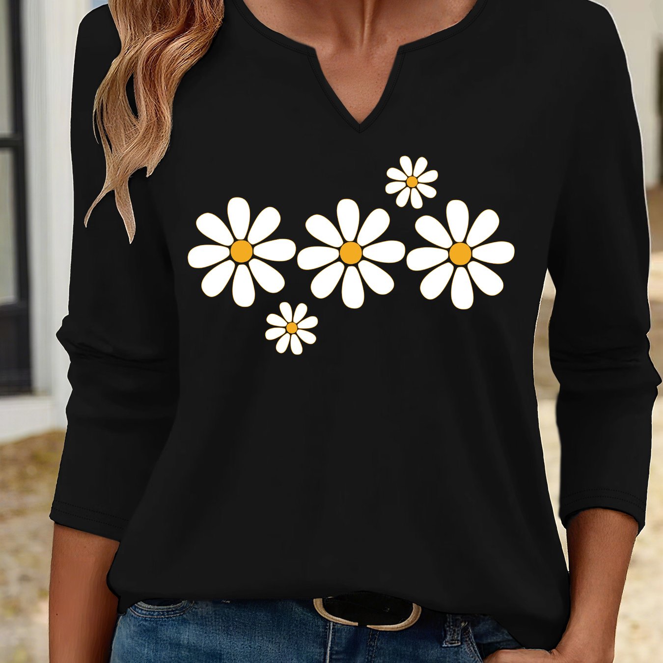 TEMU (058#) Women's Spring And Autumn Casual Long-sleeved T-shirt, V-neck Long-sleeved Daisy Print T-shirt, Casual, Versatile, Loose And Top