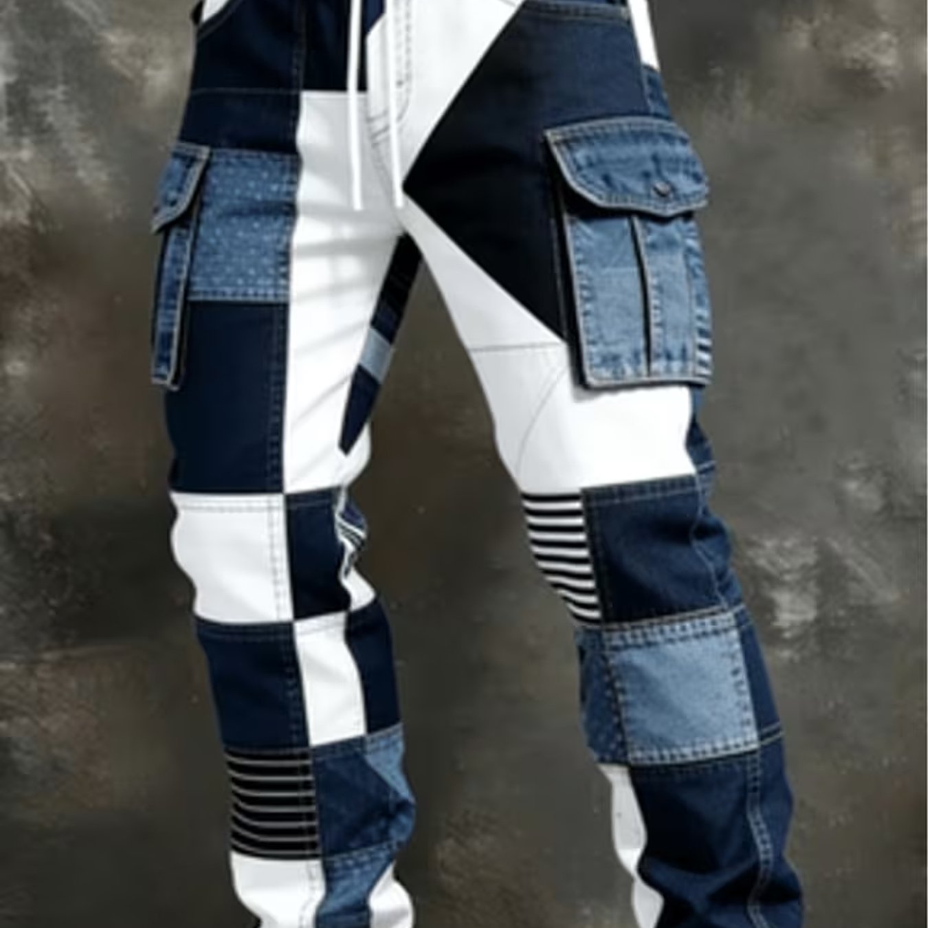 Image of Men's Retro Street Style Overalls, Multi-pocket Loose Wide-leg Version, Contrasting Color Sticker Design, Ruffian Trousers, Four-season Versatile Trendy Single Product