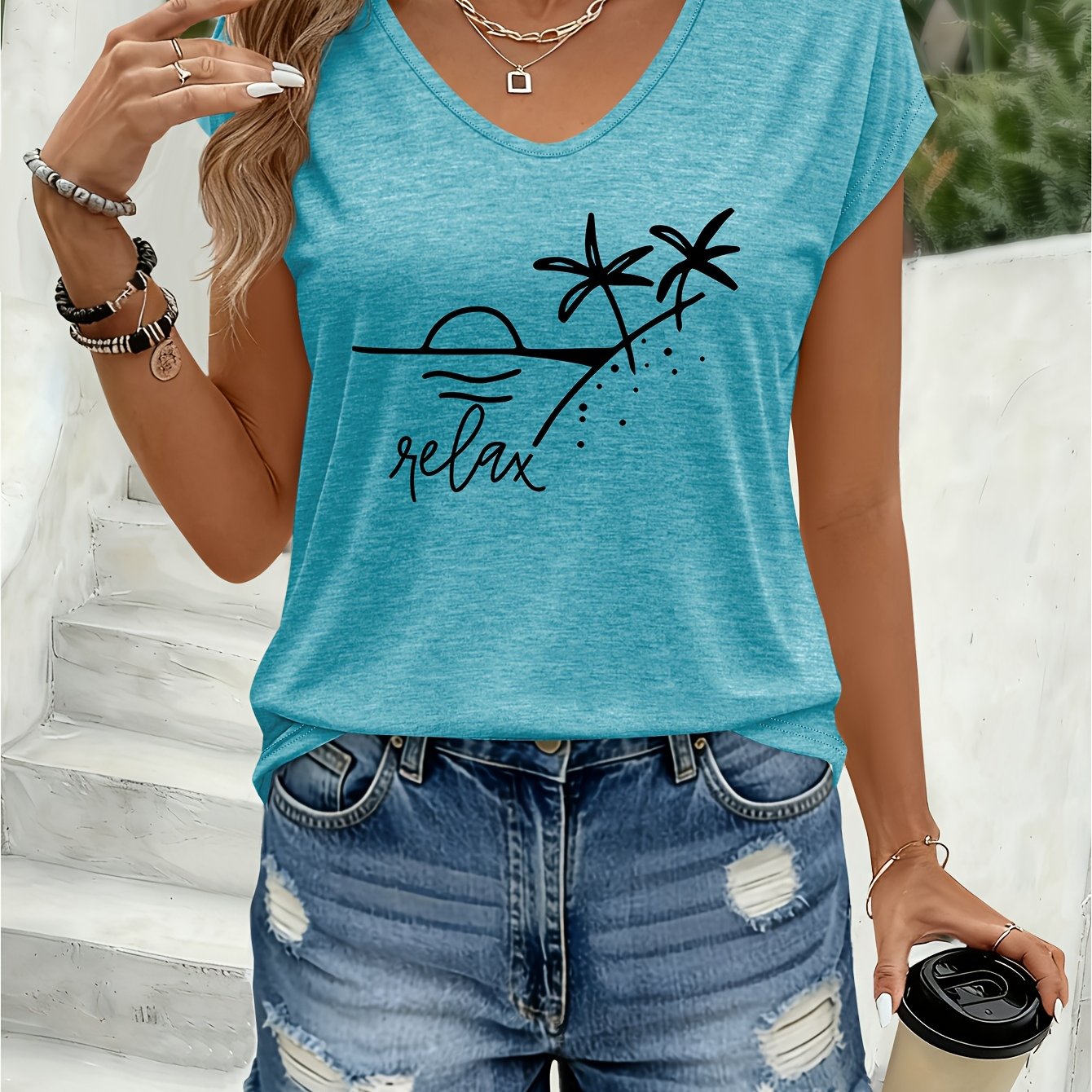 TEMU 1pc Printed Pattern Women's Colorful V-neck Cardigan T-shirt - Comfortable Spring And Summer Top, Machine Washable Regular Fit Shirt, Suitable