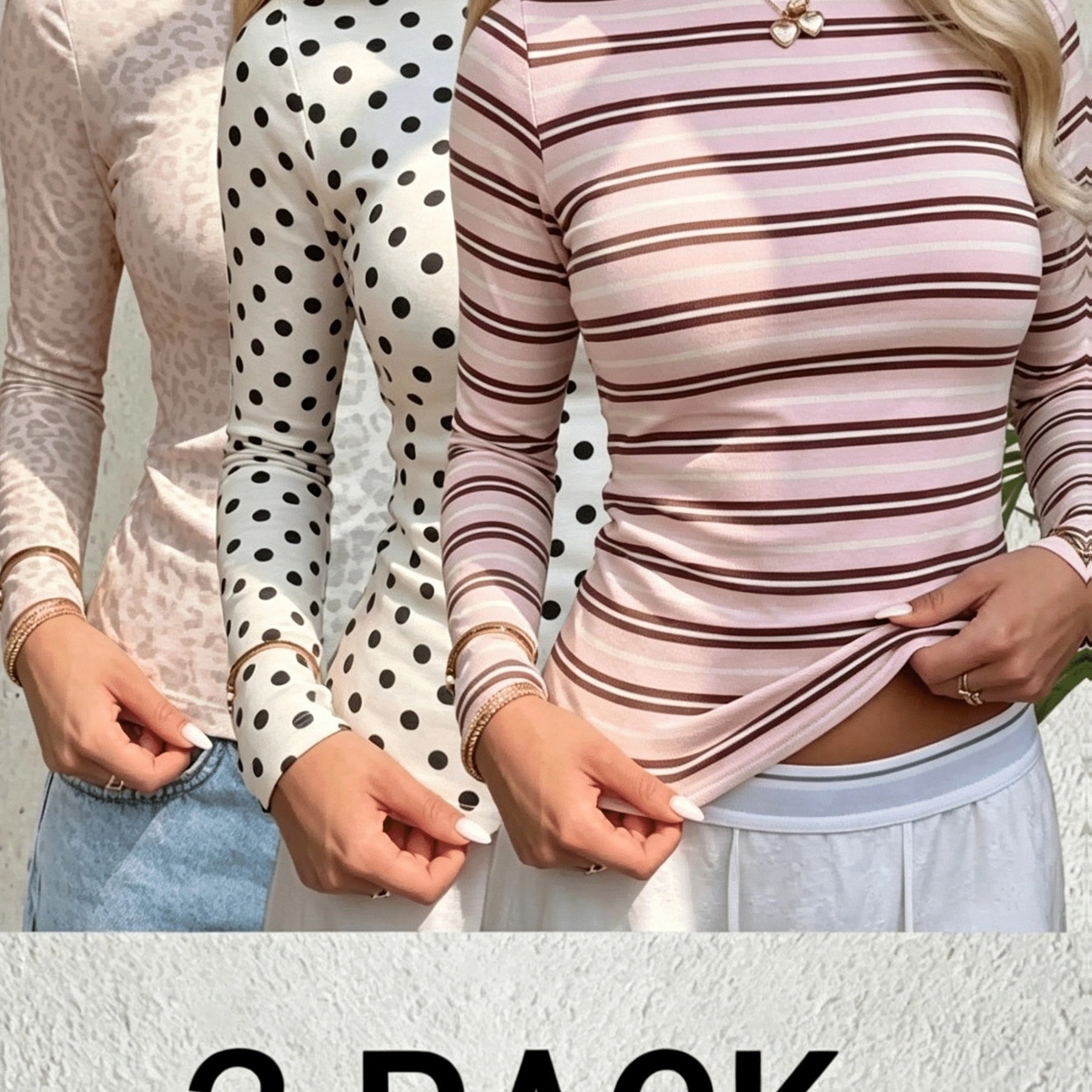 TEMU Damen 3er-Pack Bedruckte Langarmshirts, Slim-Fit Rundhals Freizeitshirts (Leopard/Punktpunkt/Gestreift) für Sommer und Herbst