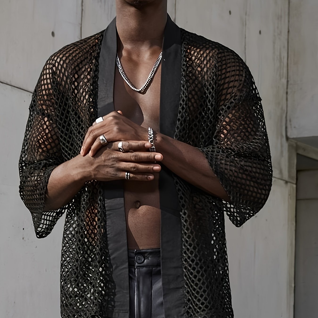 Men's Sexy Hollow Out Tunic, 100% Polyester Knit Fabric, Stand Collar, Loose Fit, Summer Fashion, Medium Stretch, Solid Color, 150g/m² - Adult Performance & Casual Wear