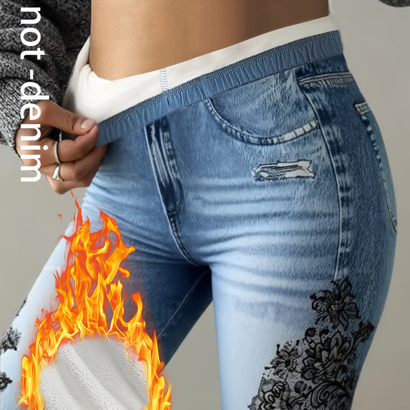 TEMU [Estampa Jeans/Imitação de Jeans] Calças Skinny Jeans Femininas com Estampa Completa de Imitação de Jeans, Bolso Desgastado e Barra Desfiada -