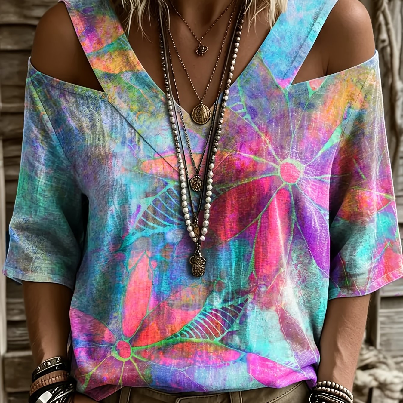 TEMU Autumn New Colorful Gradient Watercolor Print Women's V-neck Shoulder Off Shoulder Mid Sleeve Top Loose And Lazy Casual Version Suitable For