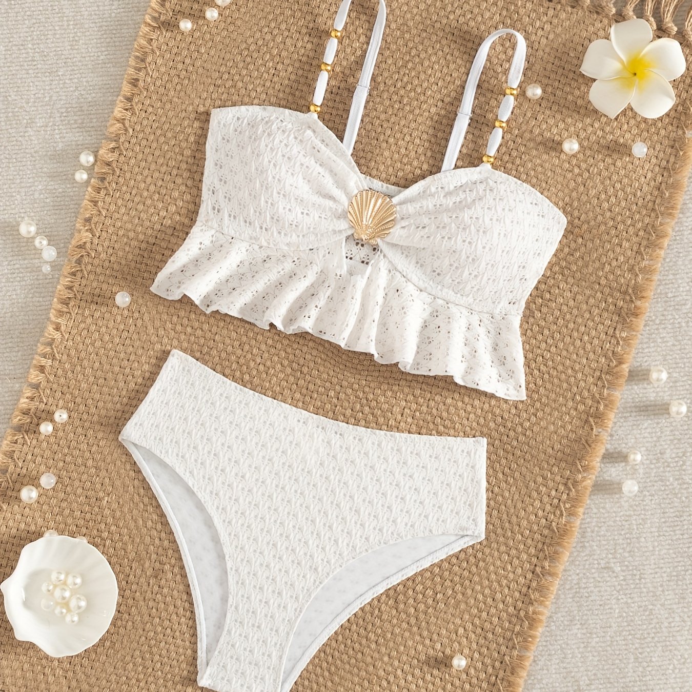 Metal Shell Solid Color Girls' 2pcs Swimsuit