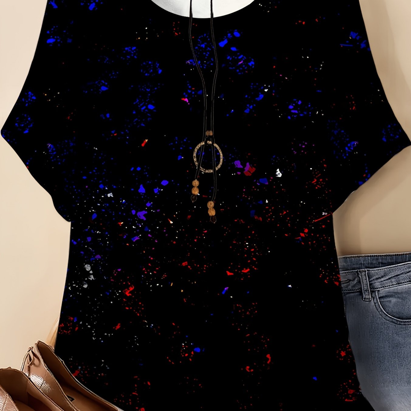 Image of Plus Size - Plus Size - Plus Size Black Printed Loose Short-sleeve Top, Women's Casual Fashion Chiffon Shirt, Summer Round Neck Versatile T-shirt, Elegant Starry Sky