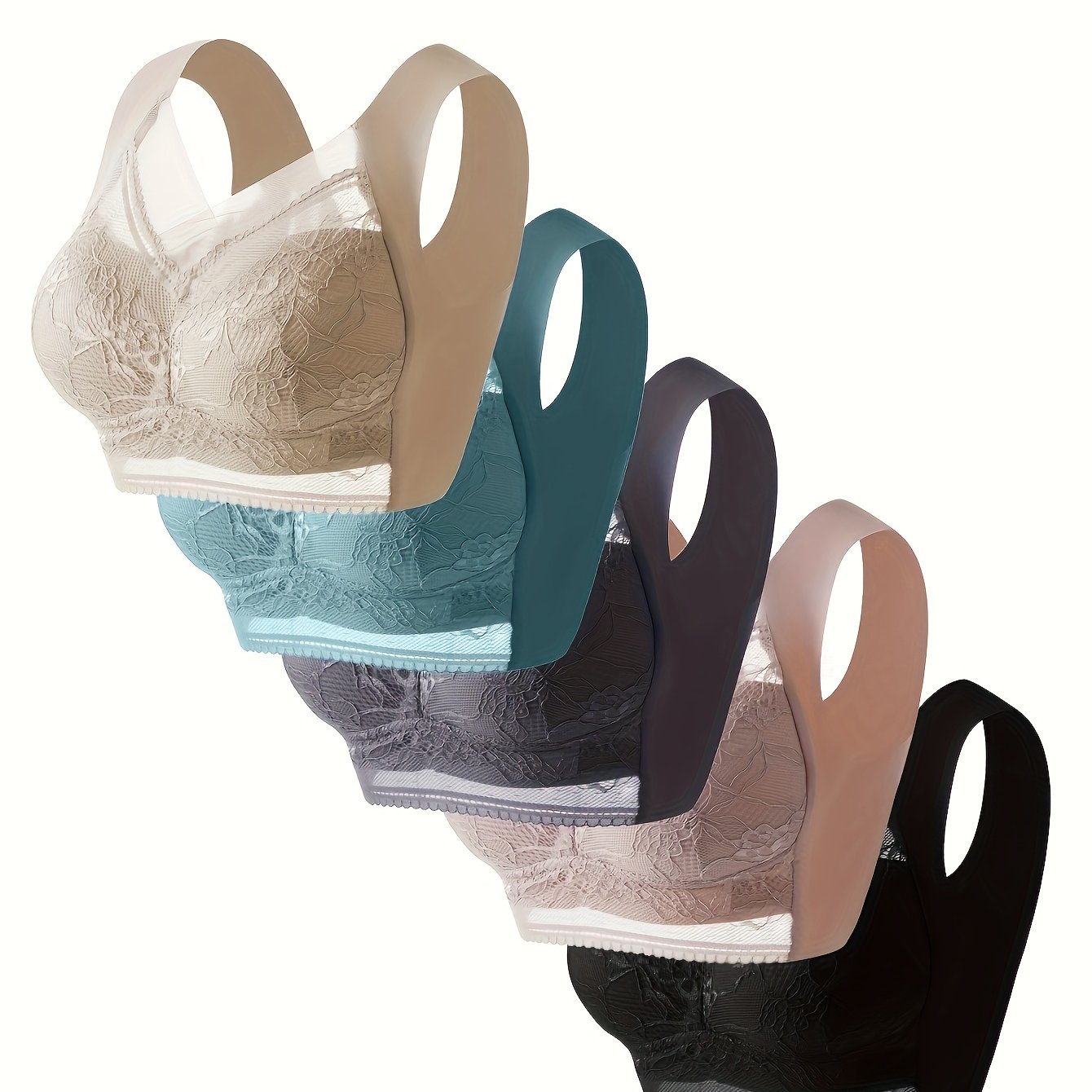 Image of 5pcs Women' Sports Bra-wireless, Lace, Breathable Nylon Blend, Elegant Design, Suitable For An Lifestyle, Multiple Colors