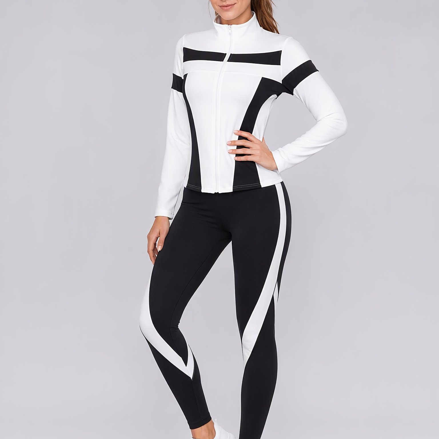 Image of Women' Jacket And Leggings Set - Lightweight Zip- Jacket With Color , Suitable For Gym, Running, Yoga - Sportswear, Fashionable Breathable Fabric, A Must-have For Fitness Enthusiasts