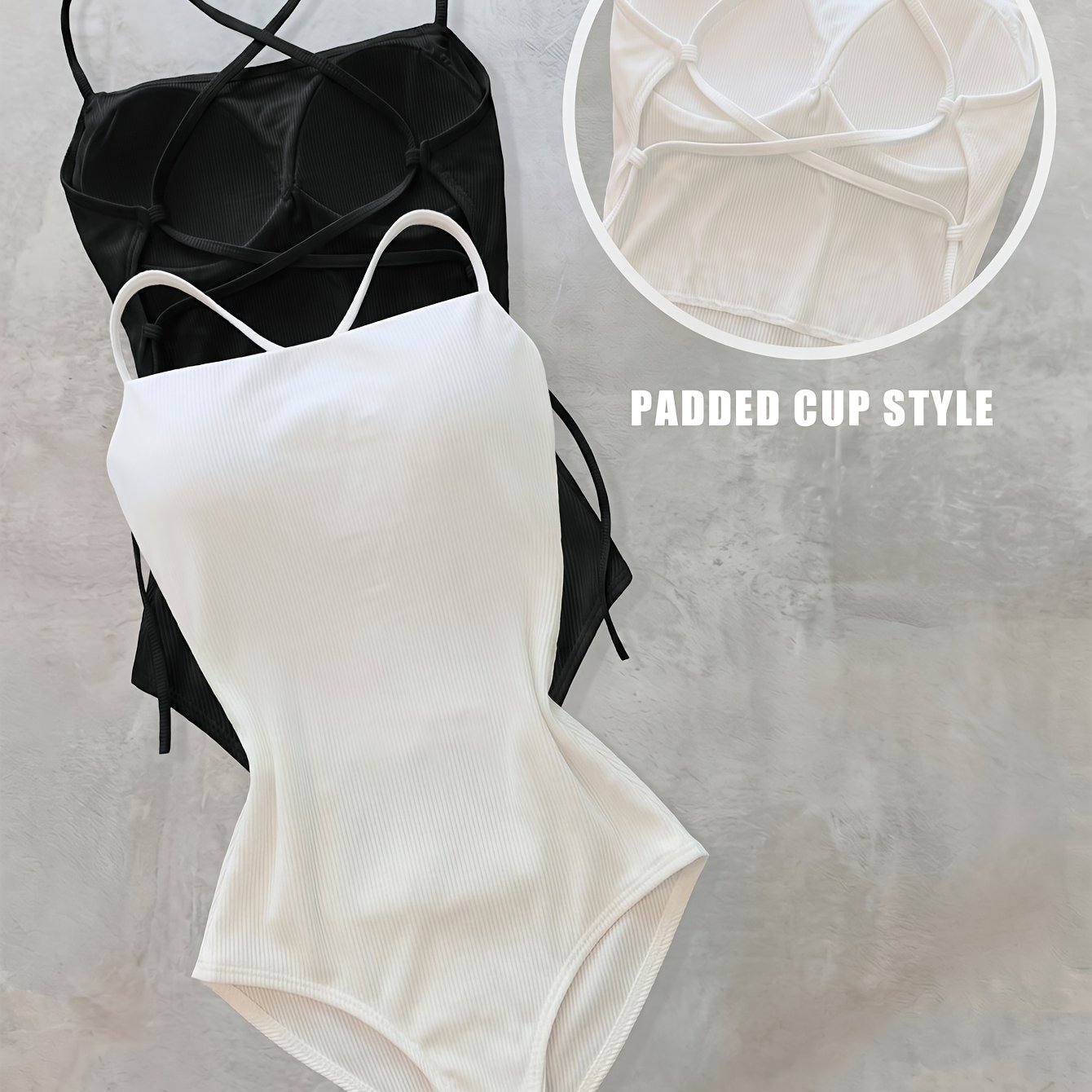 Image of 2pcs Set Women' Color Crisscross Back Camisole Bodysuit, Spaghetti Strap Design, Comfortable And Close-fitting, Suitable For Beach Dating Fashion Item, Body