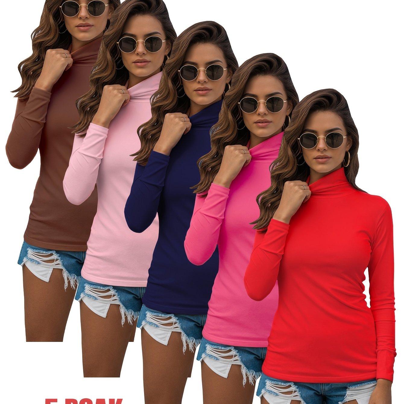 TEMU Plus Size, 5pcs Women's 5pcs High-neck Base Layer - Layering Shirts, Solid Color T-shirts Suitable For Outerwear Or Underwear, Machine Washable