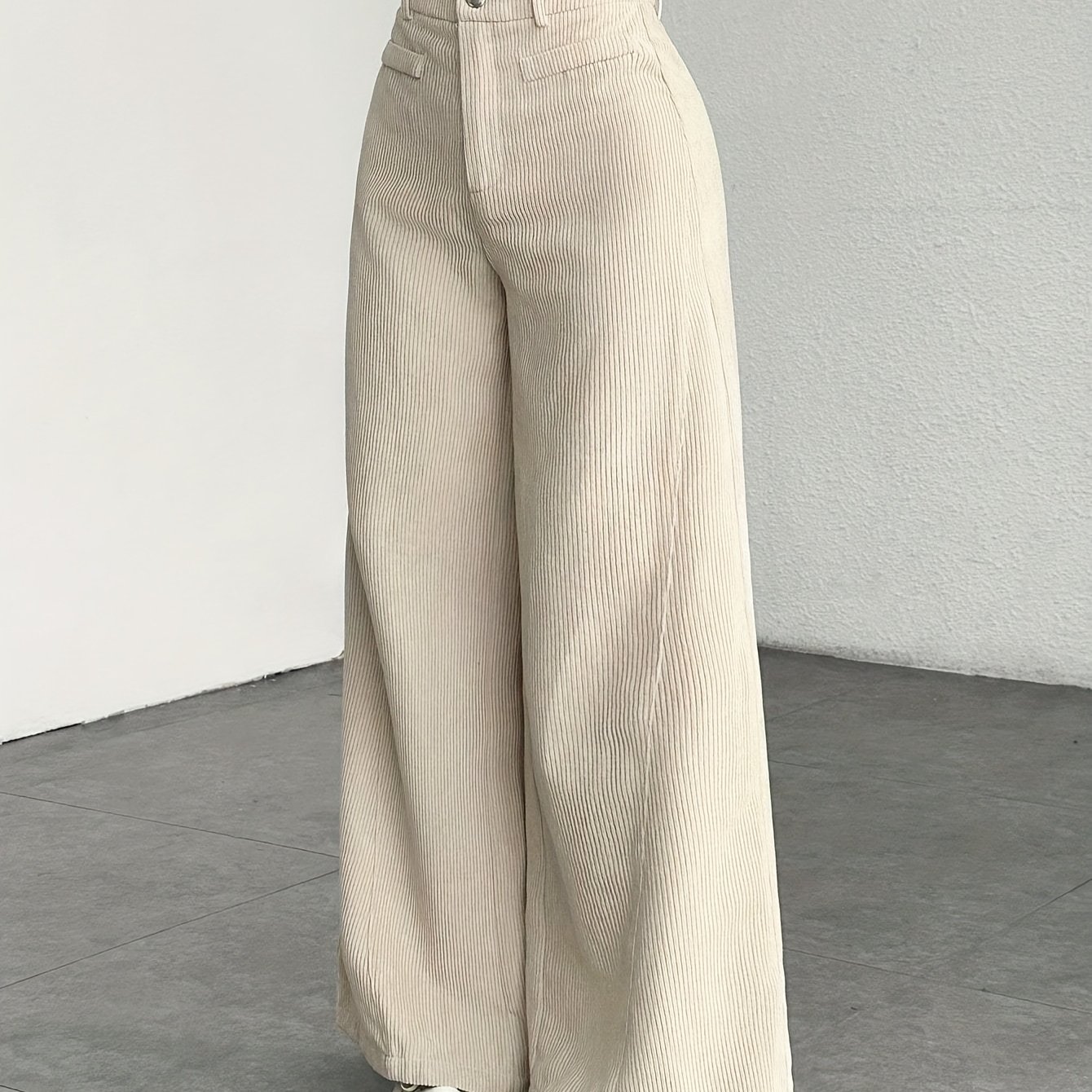 TEMU Corduroy Wide-leg Pants, High-waisted Loose-fitting Flowy Women's Casual Trousers