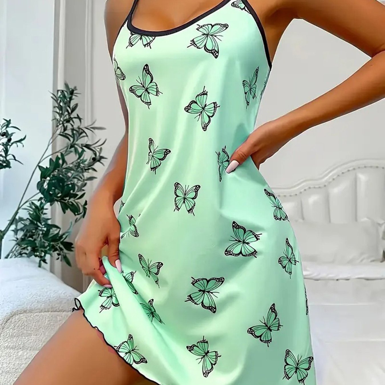 Women's Summer Camisole Nightgown, Rolled Hem Round Neck Thin Straps, Mint Green Print Sleeveless Nightdress