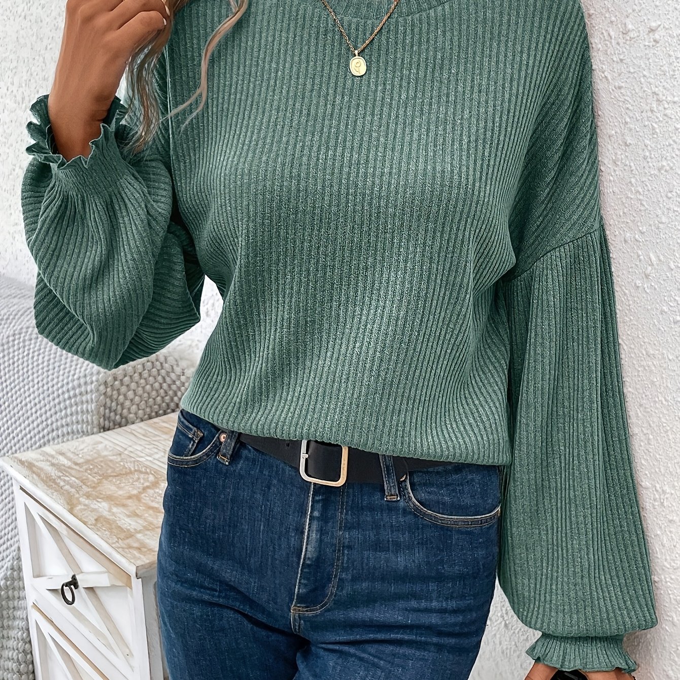 TEMU Autumn/winter Edition Women's Casual T-shirt With Led Lantern Sleeves And Round Neck