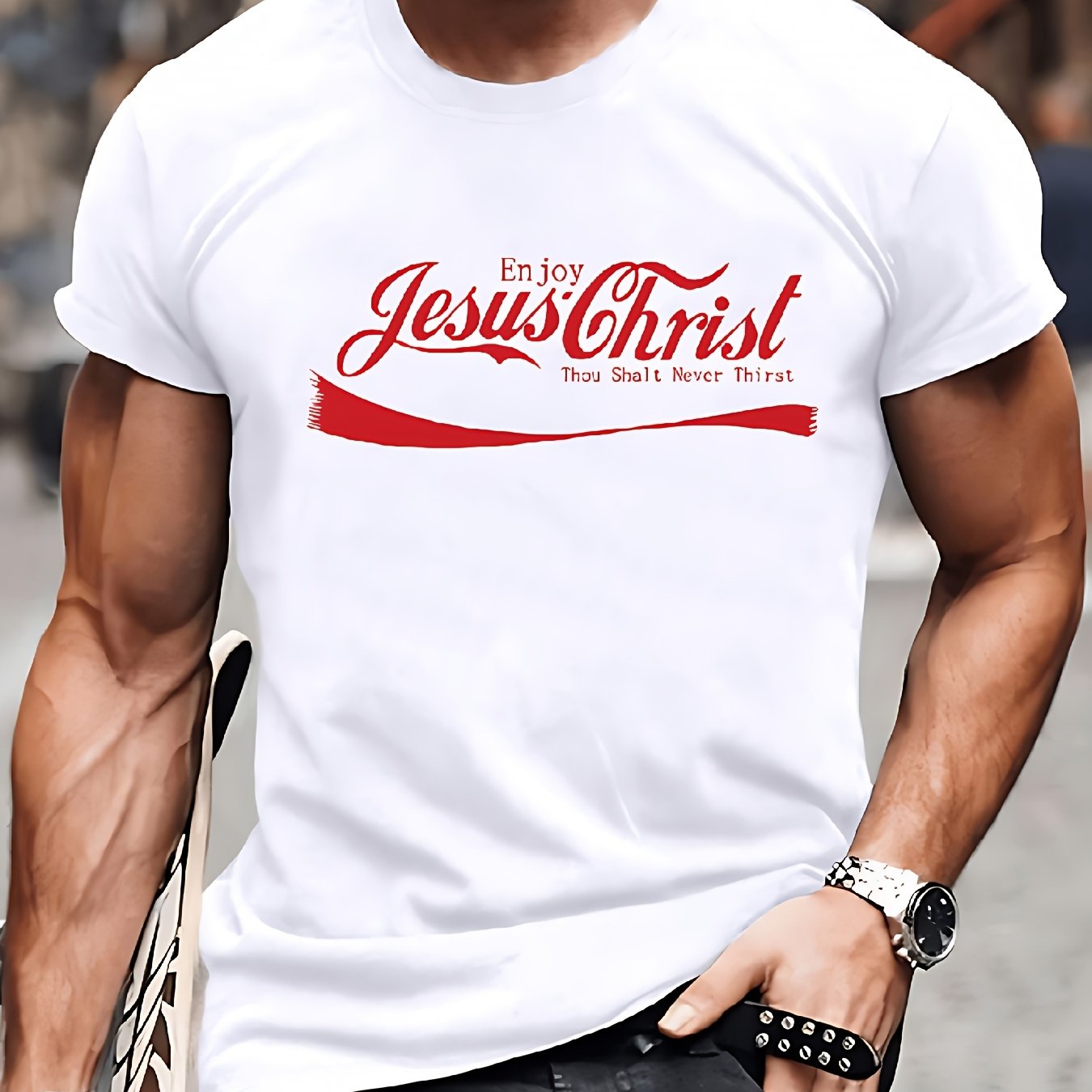 TEMU Men's Casual Crew Neck T-shirt With Christian Letter Print, Short Sleeves, Regular Fit, Suitable For Summer Daily And Weekend Casual Wear