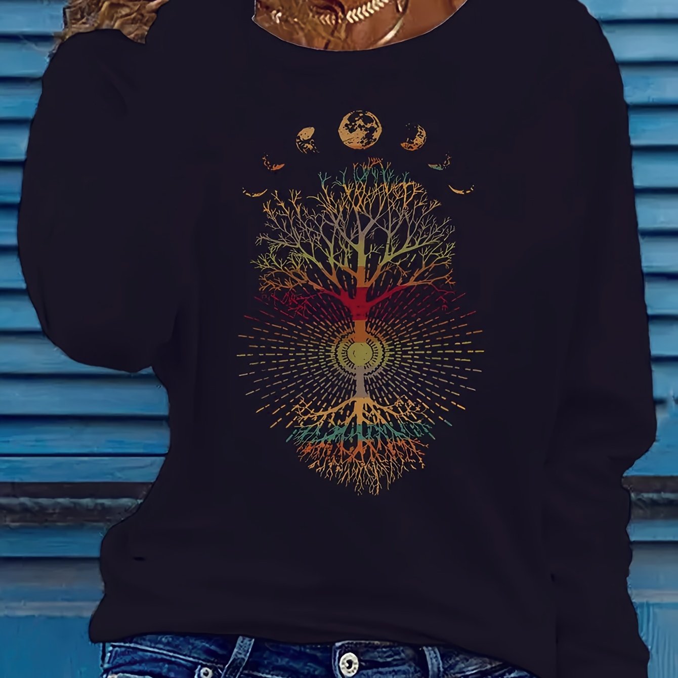 TEMU Women's Tree Of Print T-shirt, Long Sleeve Crew Neck Casual Top, Fabric, Regular Length, Spring And Autumn Clothing