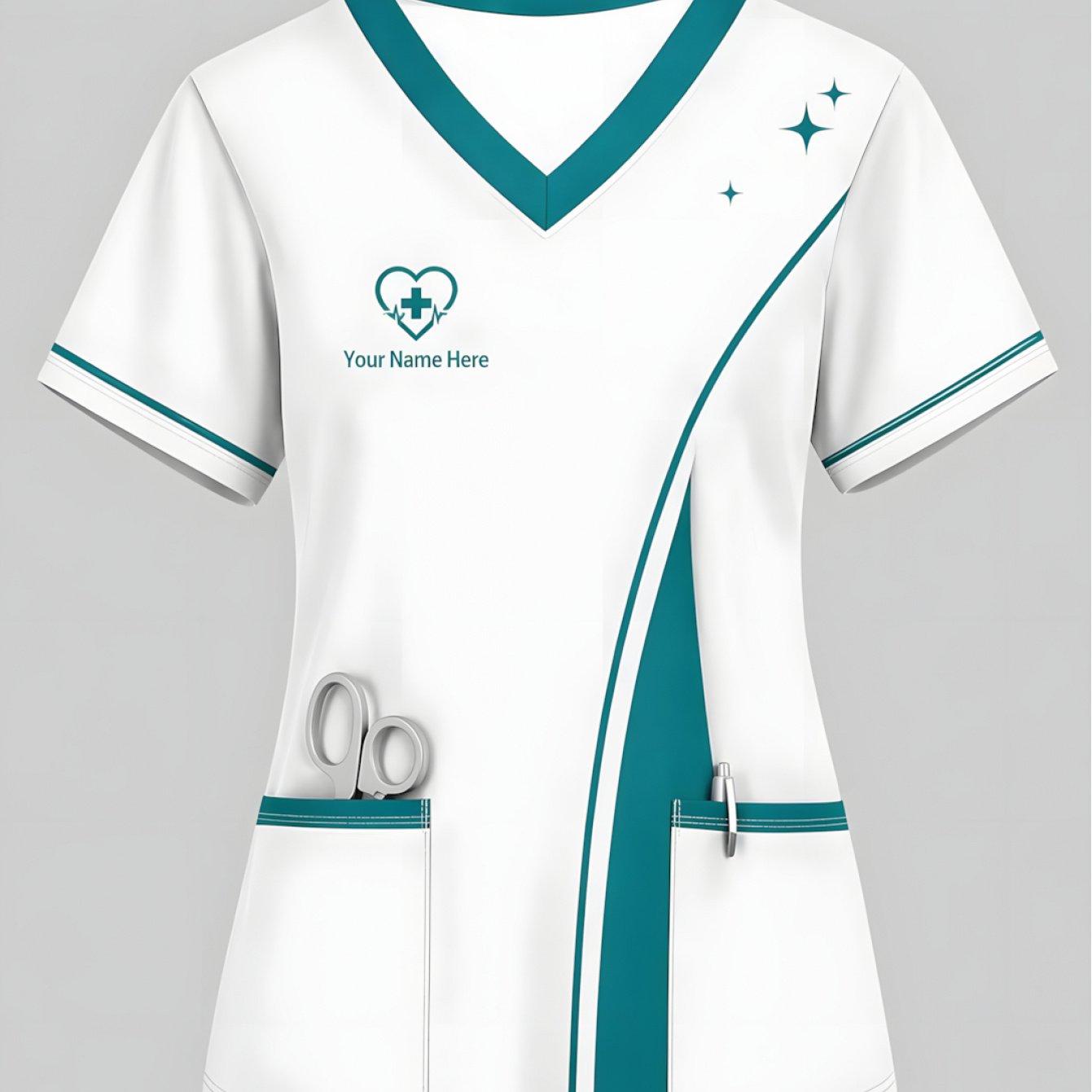 TEMU Custom Name Women's Nurse Uniform Top - -neck Short Sleeve, Double Front Pockets, Breathable Polyester With Geometric Pattern, Workwear, Nurse