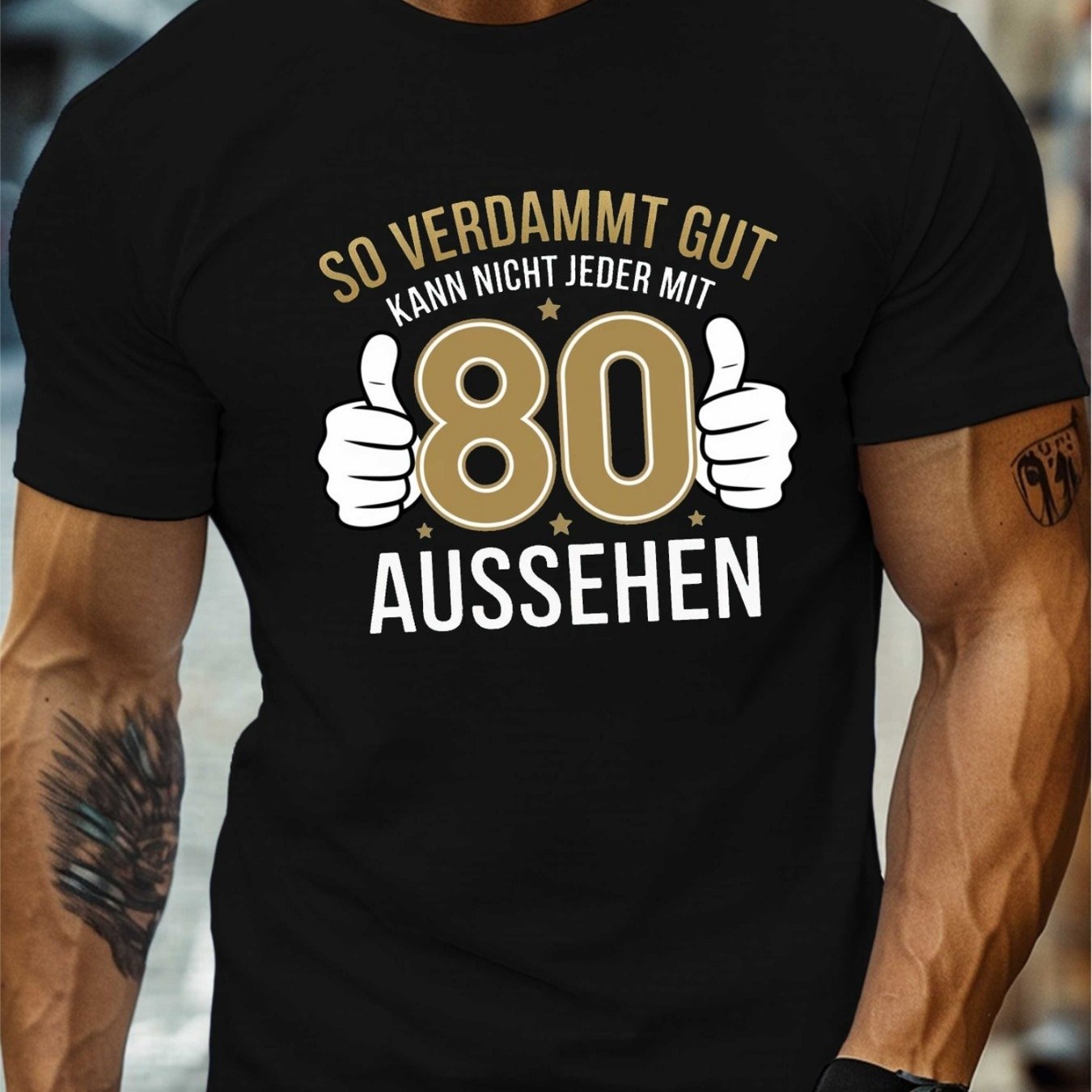 Image of Funny German Quote 80th Birthday Print, Men's Round Crew Neck Short Sleeve Tee, Casual T-shirtcasual Comfy Lightweight Top For Summer