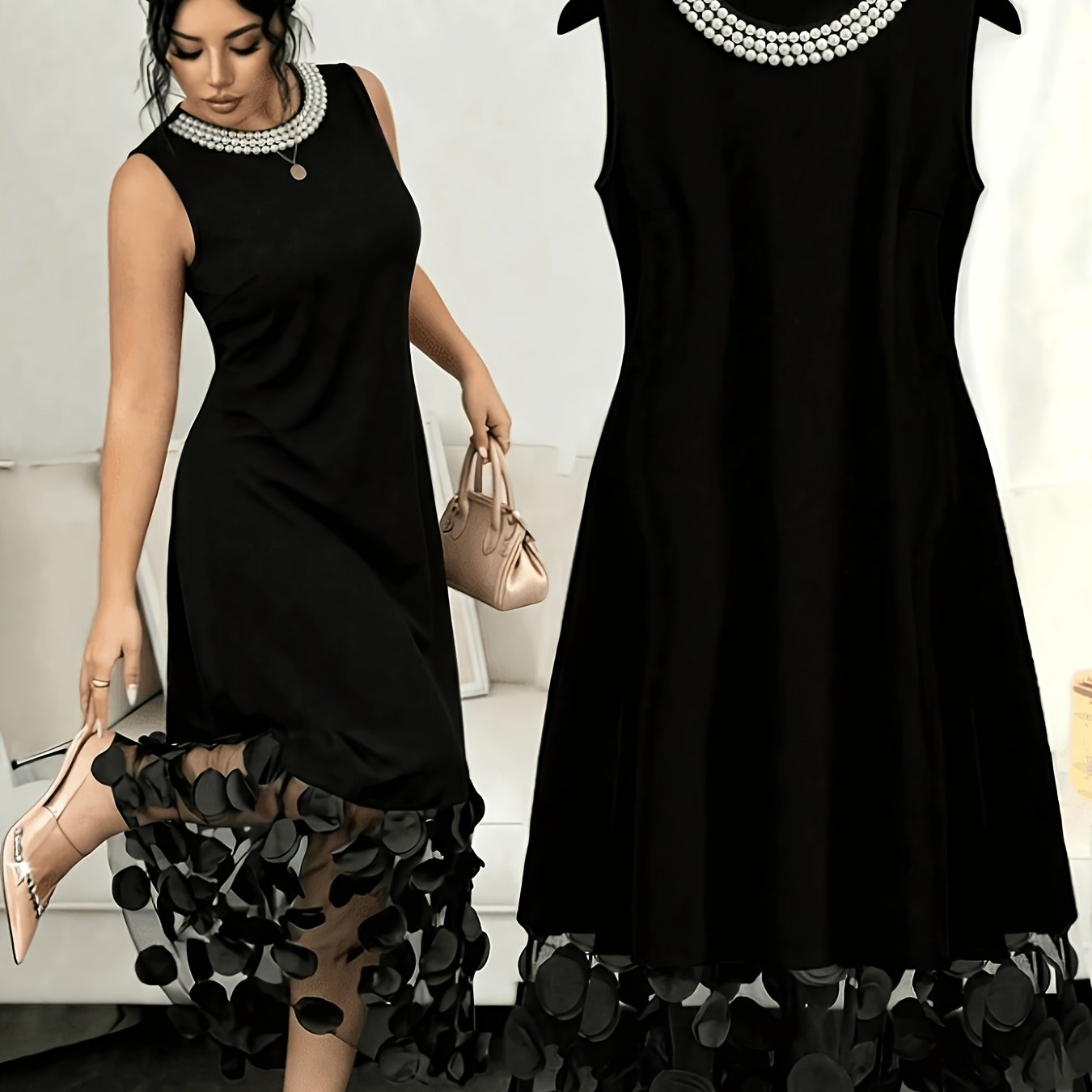 TEMU Plus Size - Western Women's Elegant Solid Color Sleeveless Mesh Versatile Neckline Summer Dress