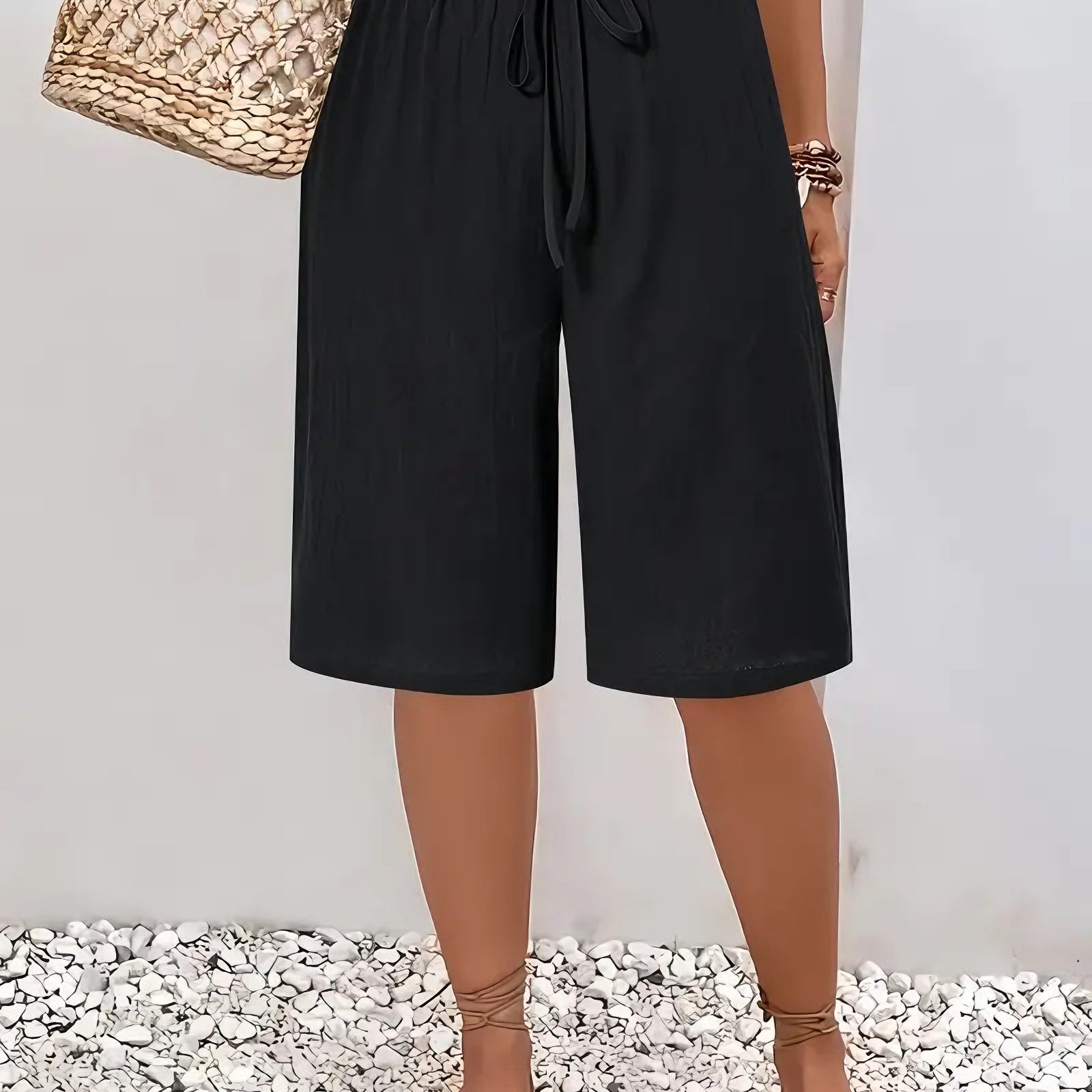 1pc Standard Size Women's Polyester Knee-length Pants With Bow, Solid Color Beach Style Casual Knee-length Pants