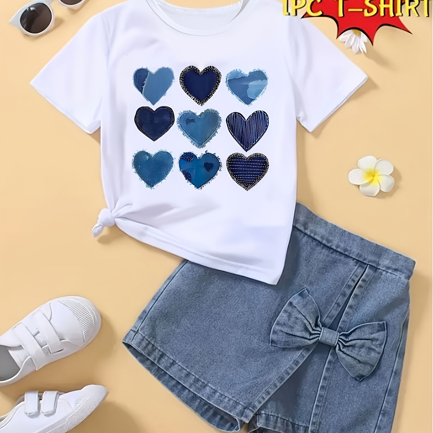 Image of 1pc Trendy Fashion Short Sleeve T-shirt For Girls With Heart Print, Perfect For Casual Attire, Birthday Gifts, Mother's Day, Easter, Halloween, Thanksgiving, Shopping Festivals, And Black Friday