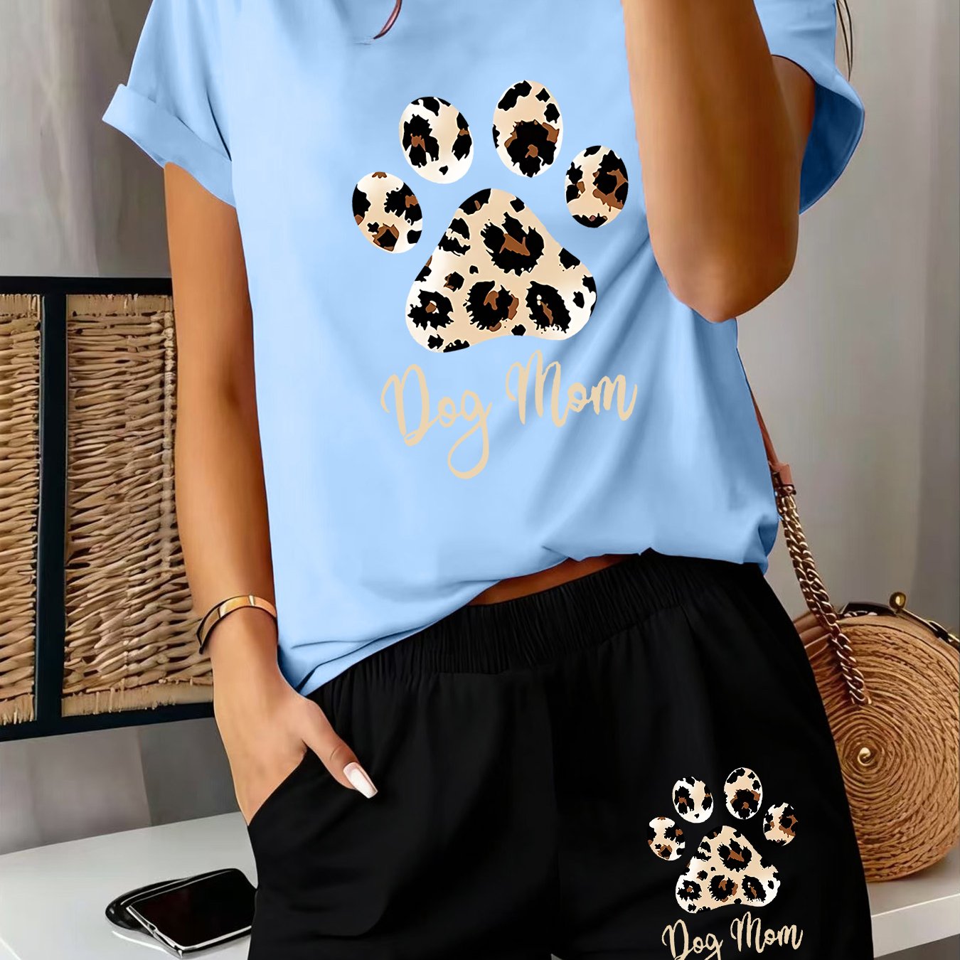 TEMU 2pcs Women's Spring Short Sleeve Set - Leopard Paw Print Dog Mom Letter Print Short Sleeve And Shorts Set, Comfortable, Soft, Breathable Sports