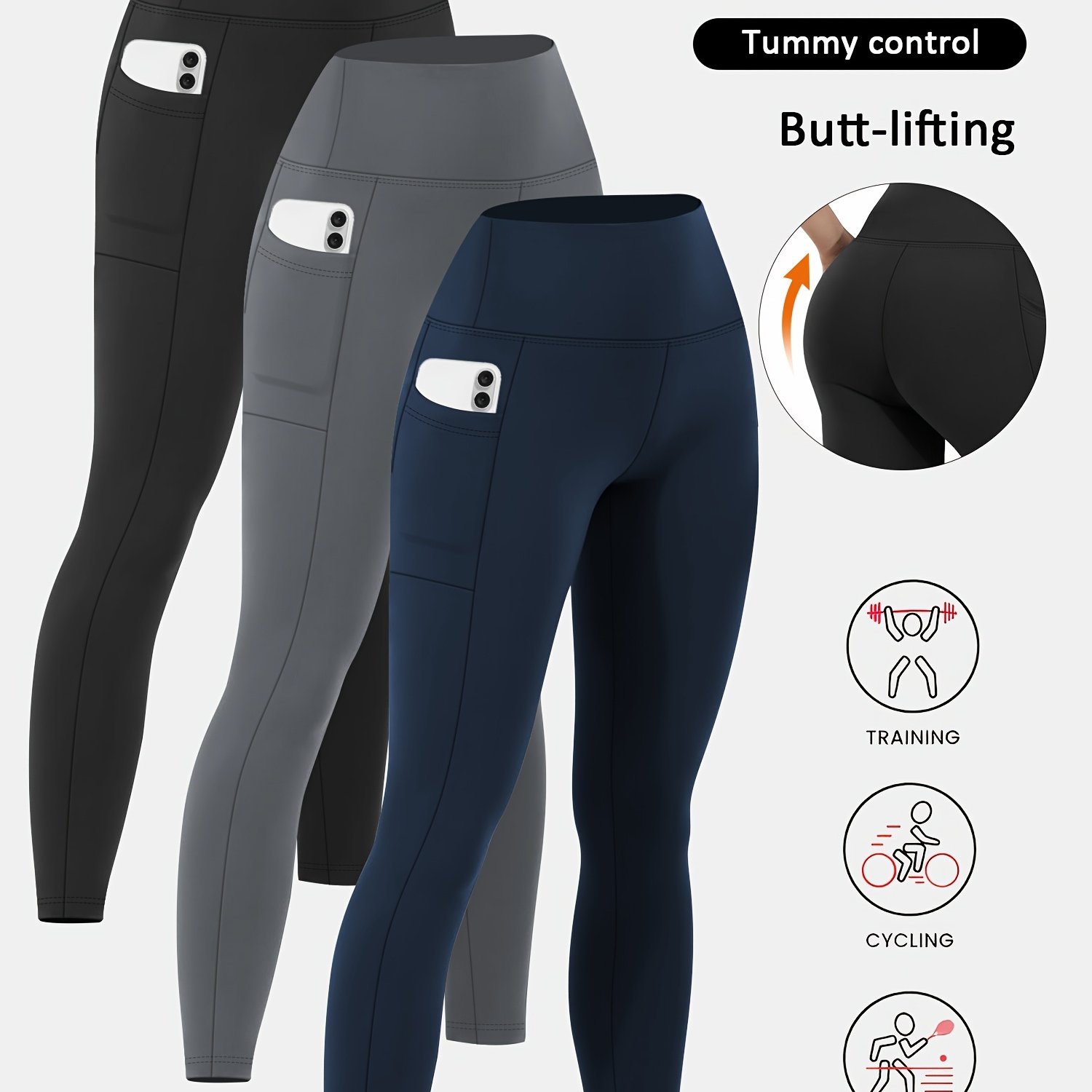 E-shop 3-teiliges Set - Damen High-Waist Leggings, Cropped Hosen, Base Leggings, Outdoor Freizeithosen, Unifarben, Hochelastisches Gewebe, Weich und