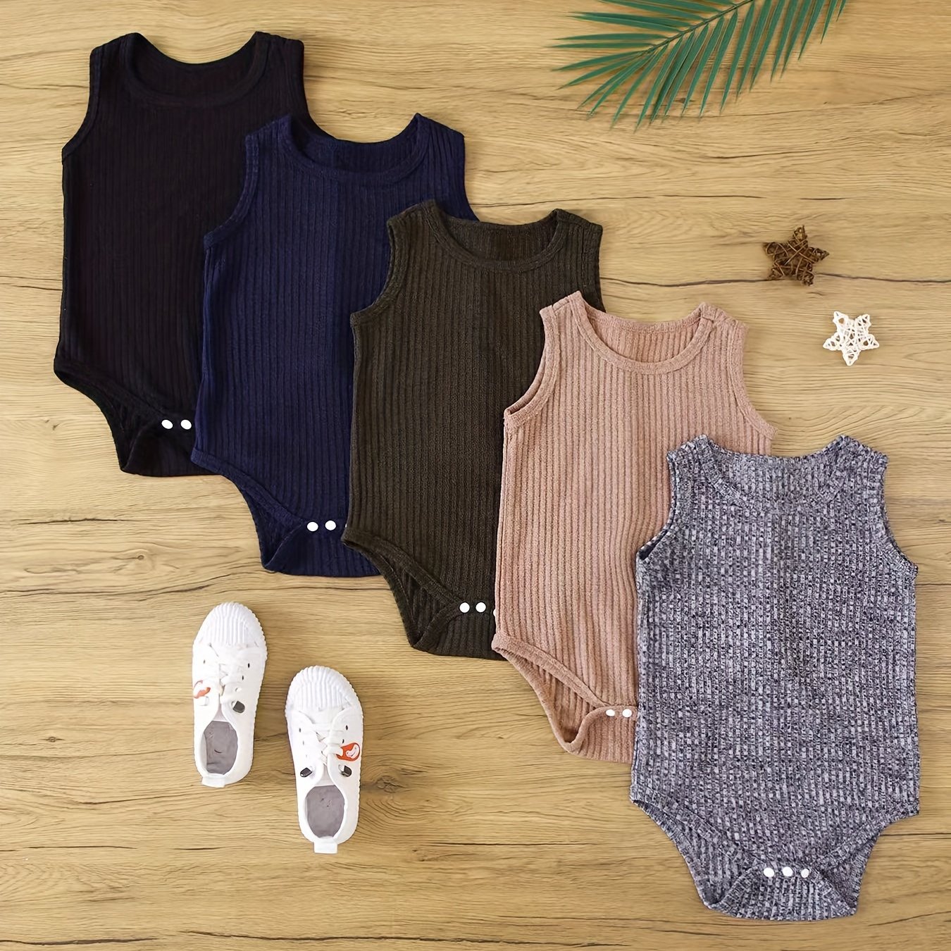 Image of 5pcs Set Of Baby Boy' Color Khaki, Pit Strip Knitted Pattern, Comfortable And Soft Harem Spring And Summer New Baby Harem, Perfect For Outdoor