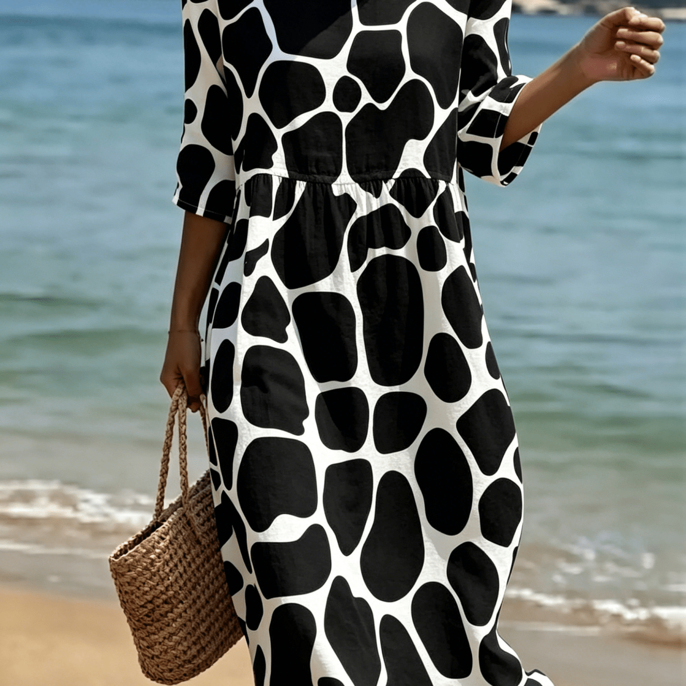 Image of 2026 New Women's Dress Pebble Pattern Casual Round Neck Summer Dress Suitable For Beach Vacations Summer Carnivals Everyday Wear And Weekend Machine Washable