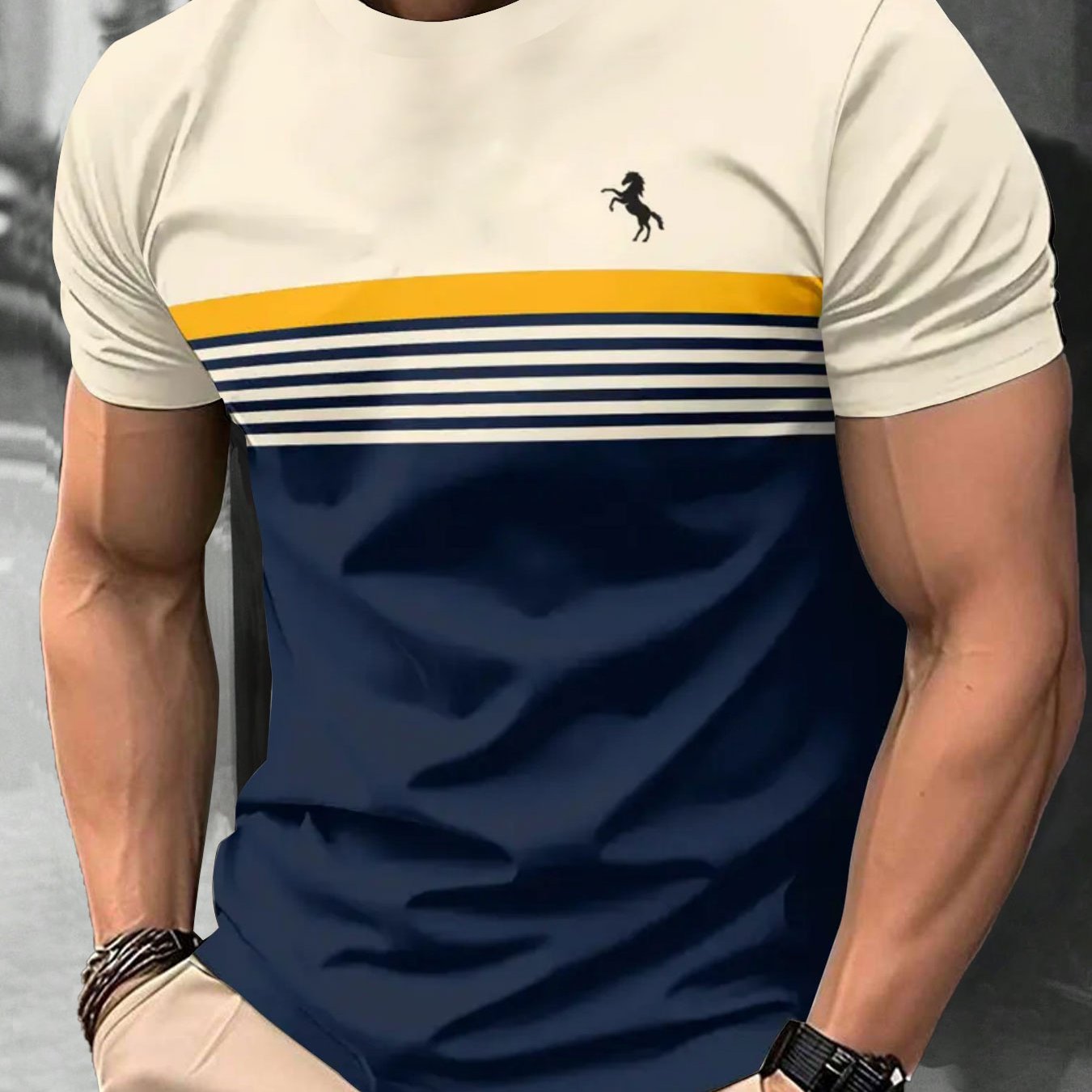 TEMU T-shirt à manches courtes à rayures et patchwork tendance - Haut à col rond avec motif imprimé de chevaux, décontracté, facile et confortable,
