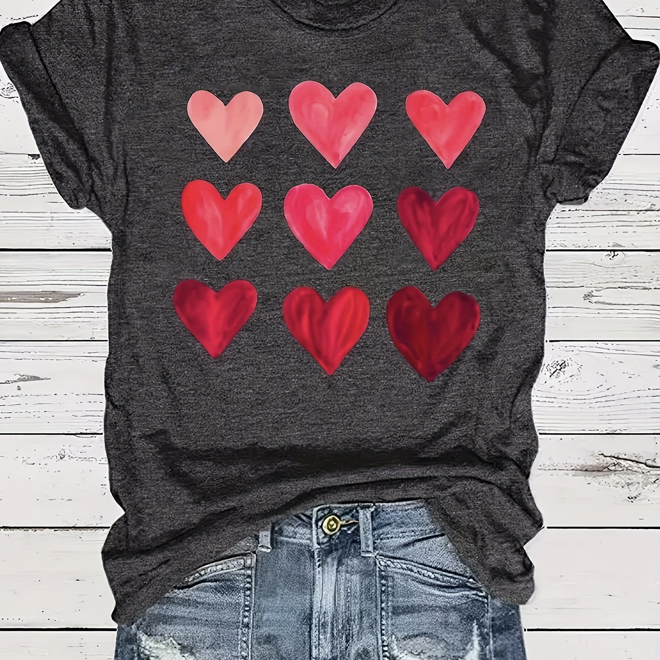 TEMU Day Gift For Mom Vibrant Heart Print Crew Neck T-shirt - Soft Polyester, Mid-, Regular Length, Casual Short Sleeve Top For , Womens Clothing With Random Printing