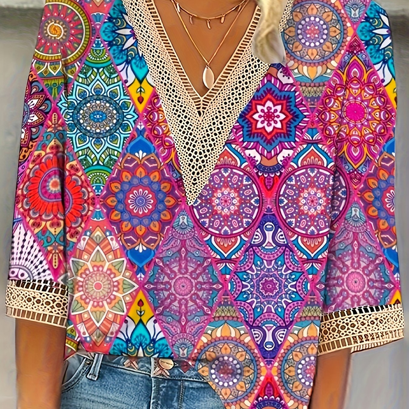 E-shop Plus Size, Neue Size V-Ausschnitt Spitzenbesatz T-Shirt Casual Bedrucktes Oberteil für Damen