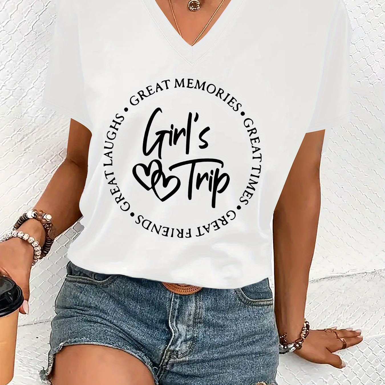 TEMU Graphic Print T-shirt, Short Sleeve V Neck Casual Top For Summer & Spring, Women's Clothing
