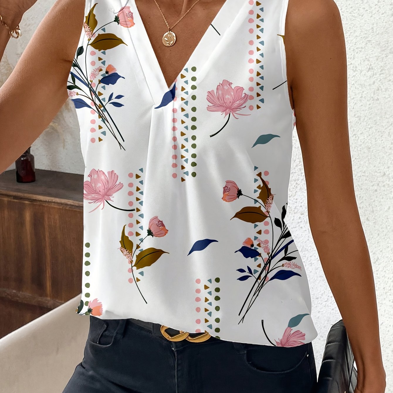 E-shop Modisches einfaches V-Ausschnitt Ärmelloses Print-Top, vielseitig für Frühling, Sommer Herbst – Casual, Arbeit Reise, Off-Shoulder pflegeleicht