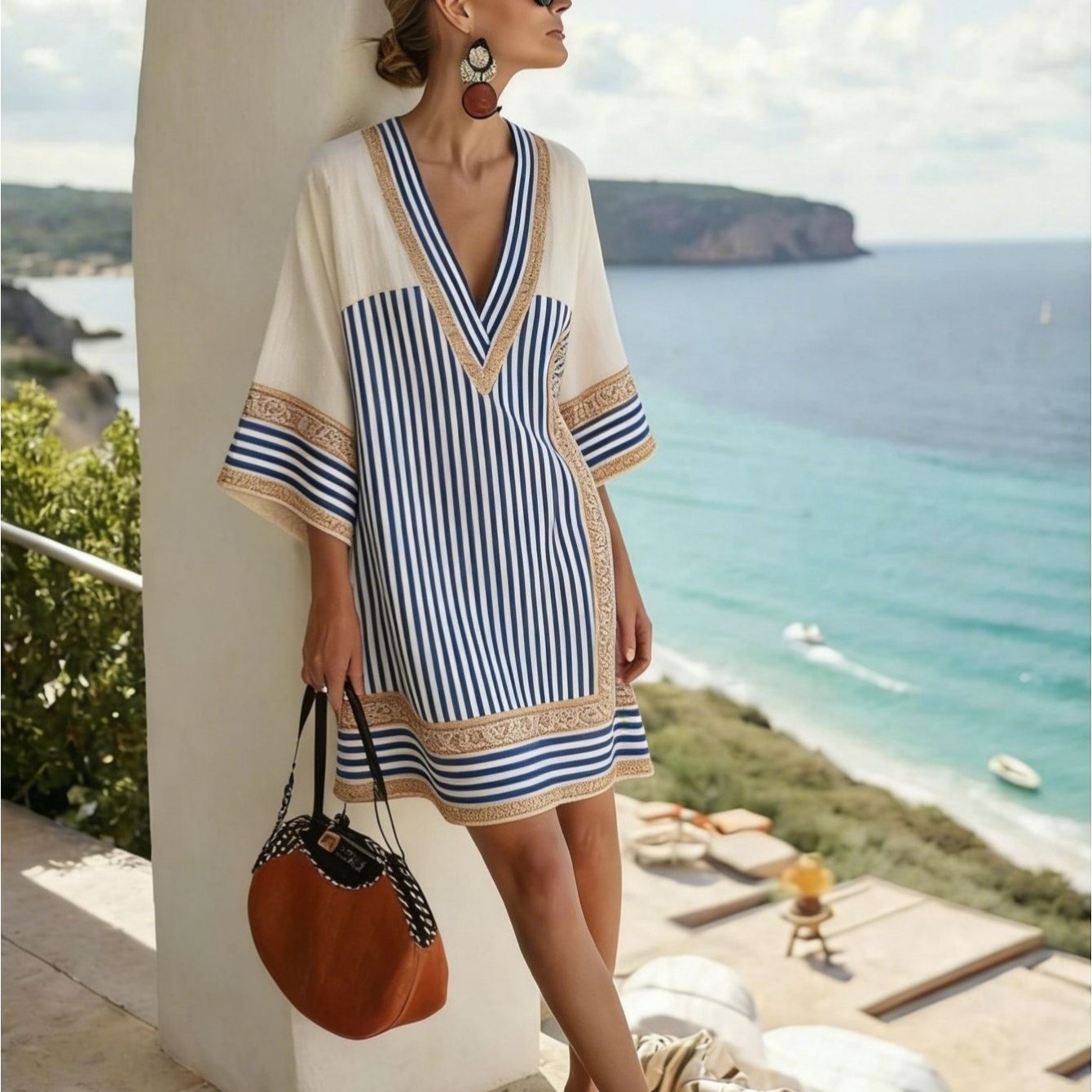 Image of Plus Size, Plus Size Women's Spring/summer V-neck Kaftan Robe Dress, Vintage Print, Casual Versatile -sleeve Blouse, Suitable For All Bodies, As Blouse Or Casual Dress. Perfect For , Pools
