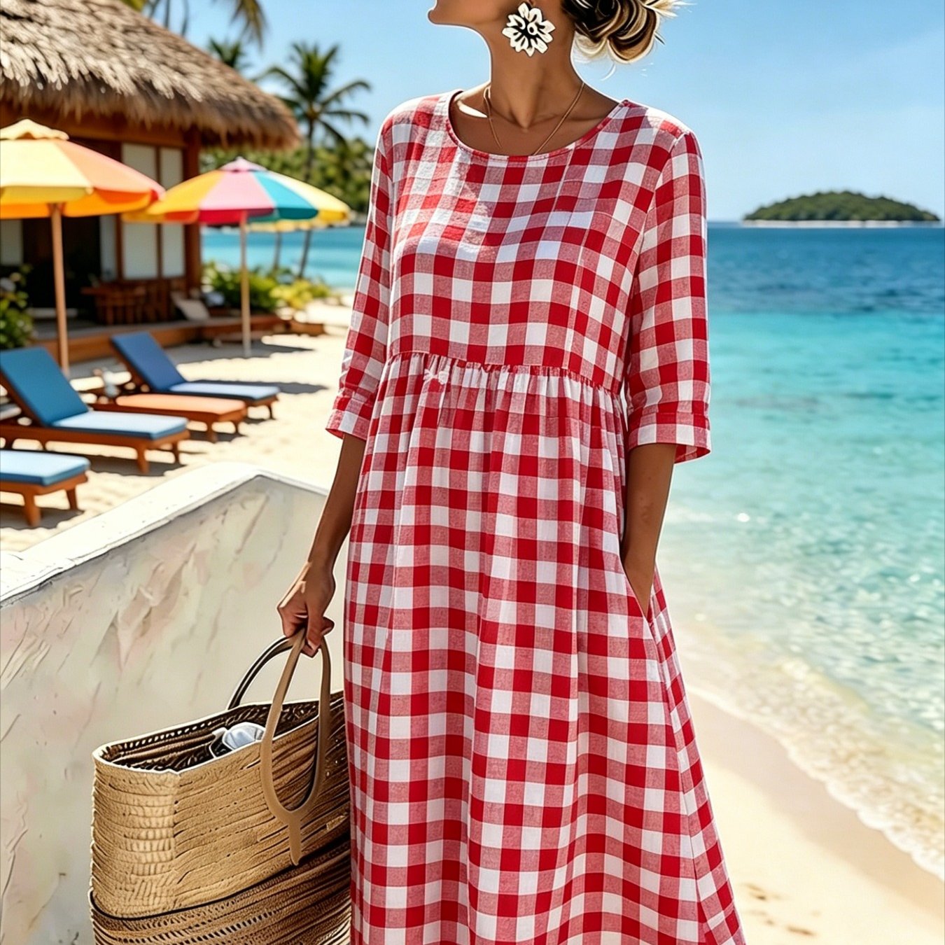Image of Women's Elegant Midi Dress - Casual 3/4-sleeve, Crew Neck, Loose-. Machine Washable. A Comfortable Beach & Vacation Dress, Perfect For Travel, Getaways, And Everyday .