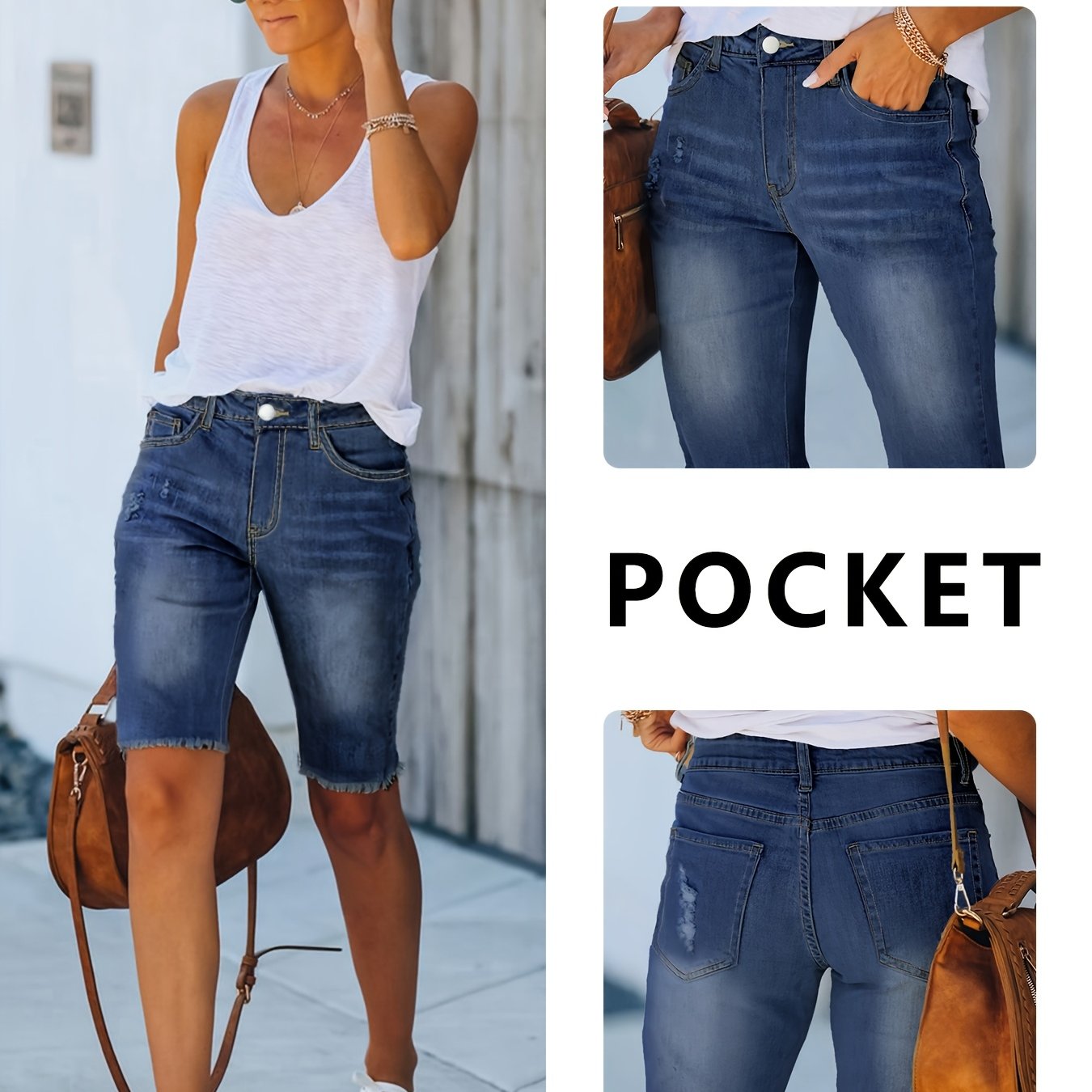Image of Trendy Denim Shorts; High-end; Fashionable; New Arrival; Knee-length Pants; Women's Shorts; Summer; High-waisted; ; Straight-leg; Pants
