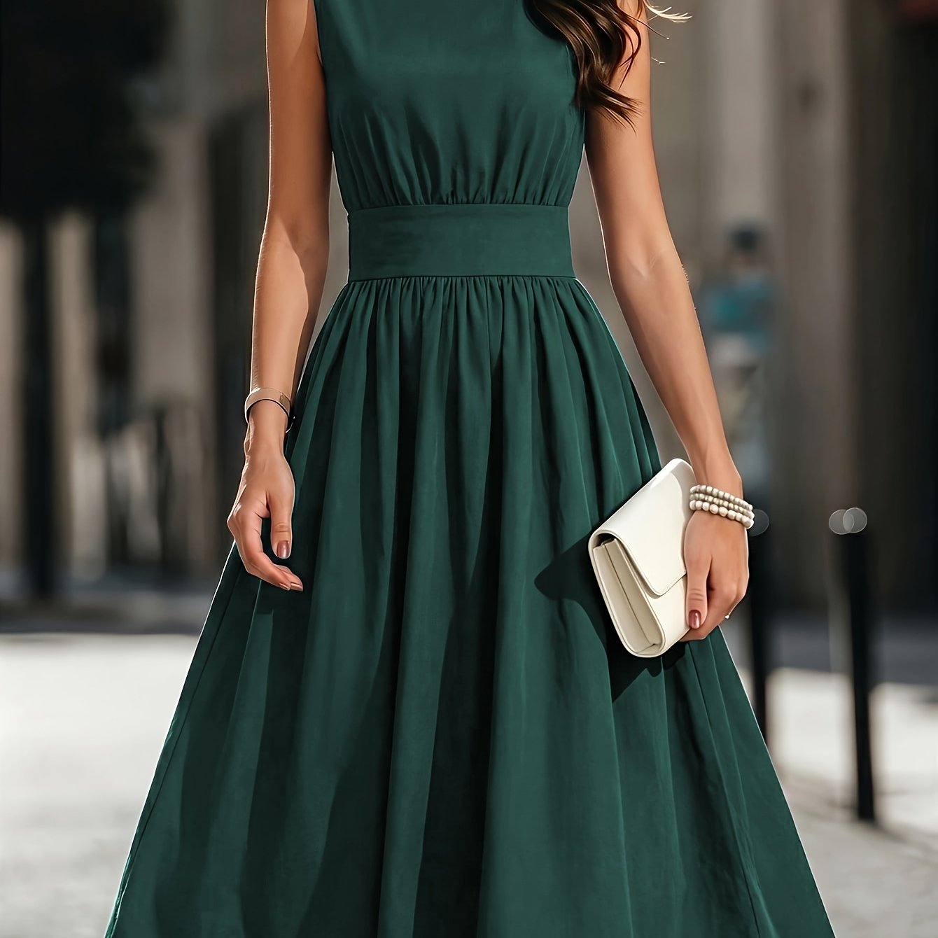 TEMU Women's New Solid Color Sleeveless Round Neck Shirred Waist Flare Dress, Suitable For , Leisure, Travel, And Vacation
