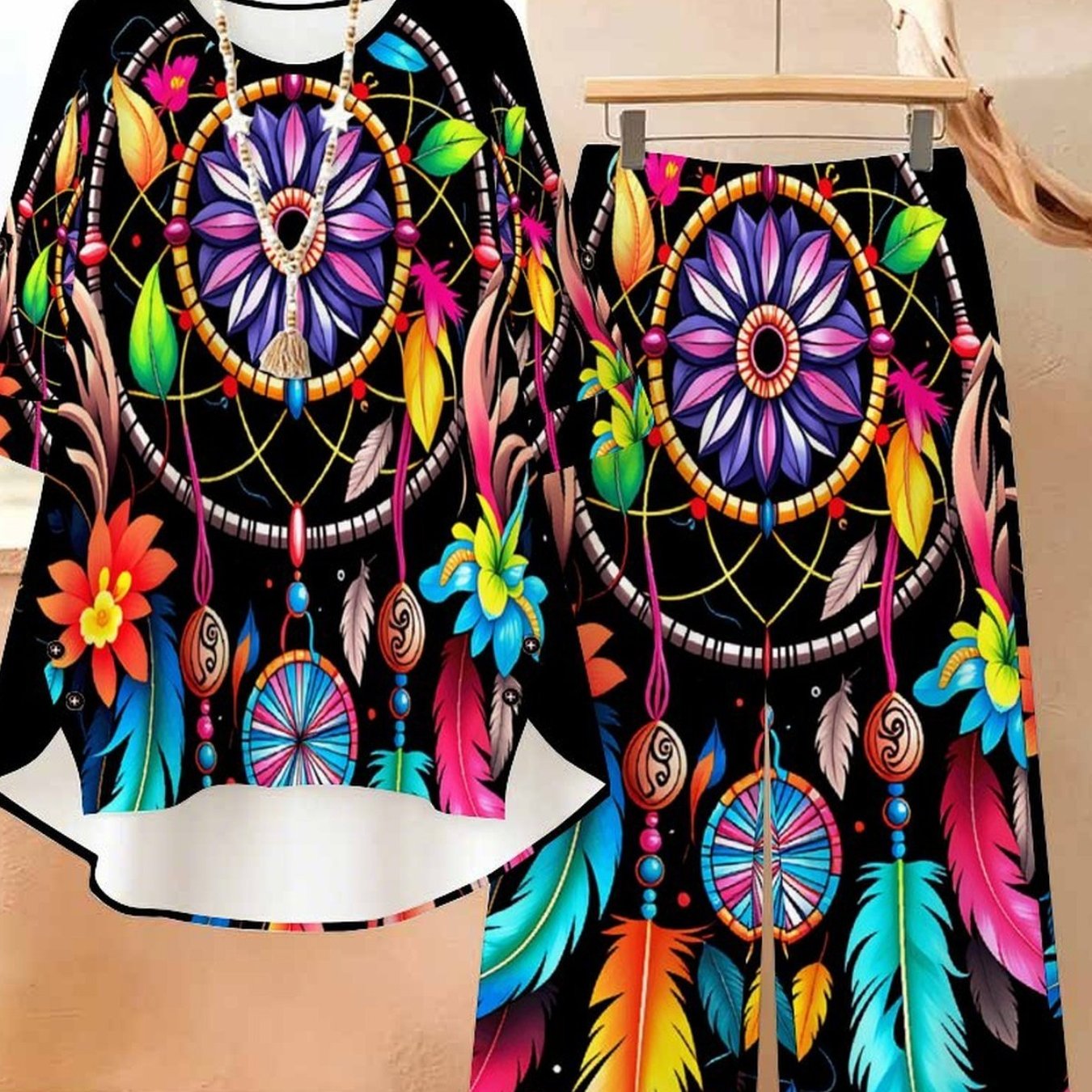 Image of Plus Size - Elegant And Fashionable Women's Casual Set (women's Round-neck Long-sleeved Top And Long Pants Set), Women's Plus Size Set With Multi-element Prints, Ideal For Daily Life And Travel