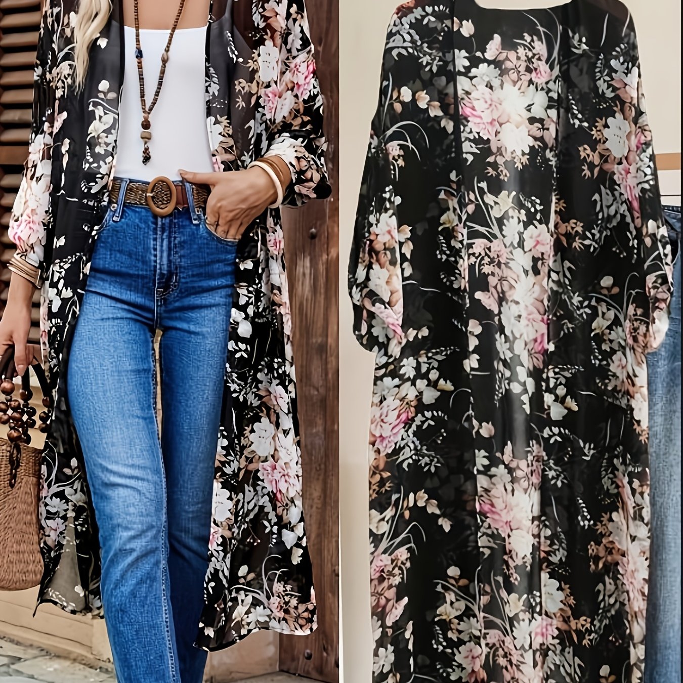 TEMU Women's Long-length Top, Fashionable Printed Semi-sheer Chiffon Shirt, Beach Vacation Women's Long Flowy Outerwear, Clothing