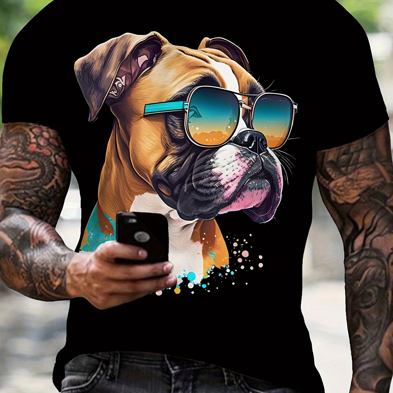TEMU Print Design â Not Textured Cool Glasses Boxer Dog Print Short Sleeve T-shirt Men's Summer Top Daily Casual Versatile Round Neck T-shirt Trendy