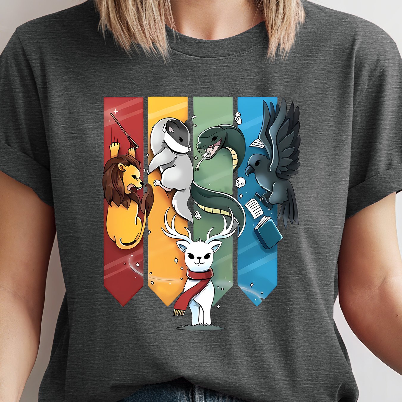 TEMU Harry Potter 4 Houses Cute Animal Vertical Print Women's Short Sleeve T-shirt | Lion Snake Badger Eagle Full College Mythical Cute Elements