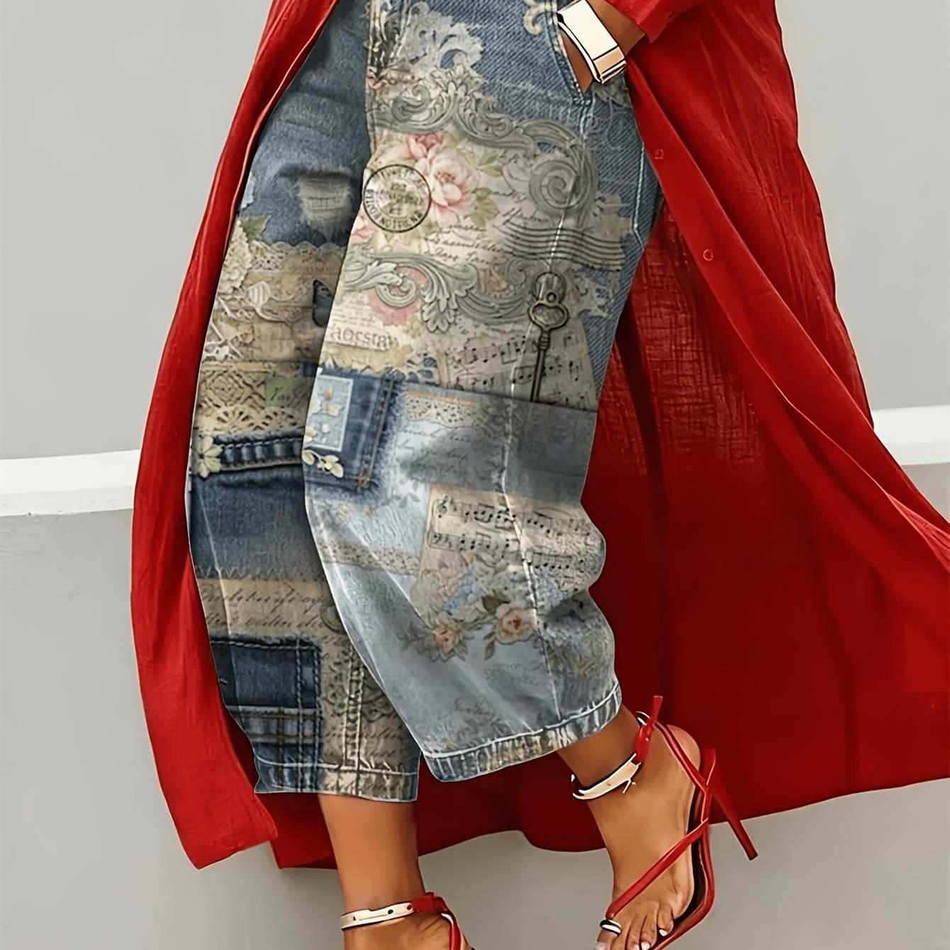Women's Plus Size , Casual Fashion Printed Cropped Pants, Loose Fit Trousers, Bohemian Style, High-waisted Jeans With Pockets