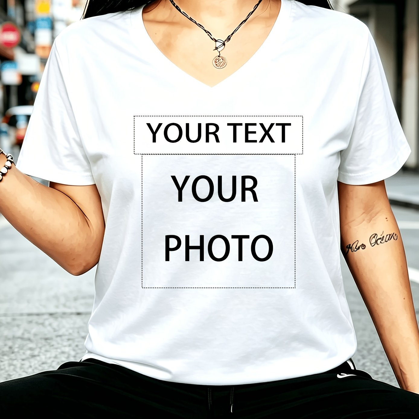 TEMU [women's Custom Printed T-shirt] Custom Women's Tops, V-neck Short Sleeve. Your Photos, Images And Text For . Creative And Fun For Daily Wear,