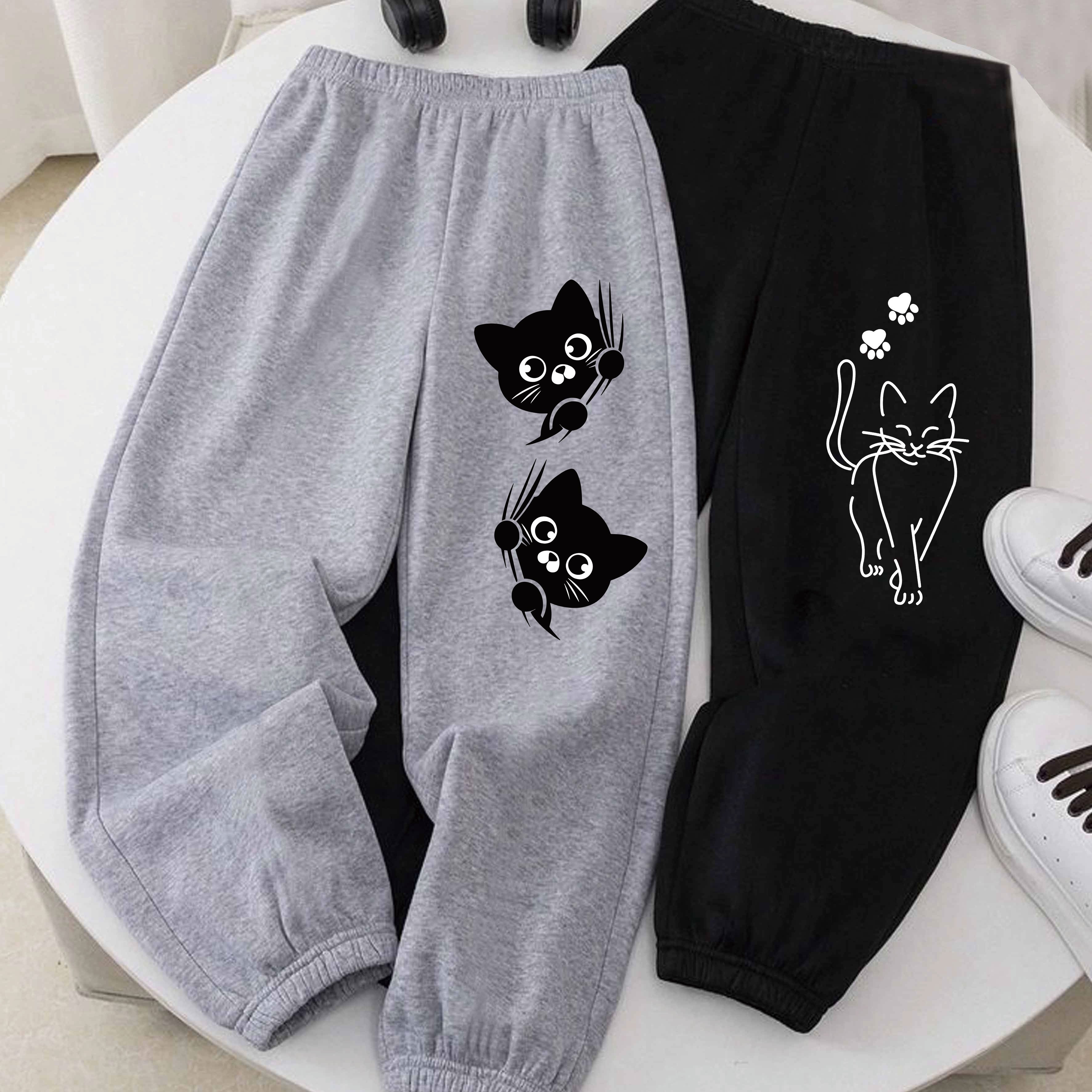 TEMU 2pcs Set, Cute Cat Print! Long Pants, Black And Gray Dual-tone Optional Long Pants, Adorable Cat Pattern, Fashionable Cute Cat Pattern! Casual