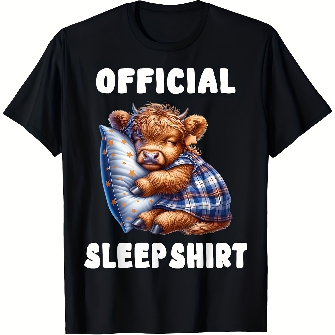 TEMU 1pc Unisex Pajamas Featuring A Highland Cow Design And A Soft Breathable T-shirt With A Cute And A Cat, Designed With A Round Neck And Short