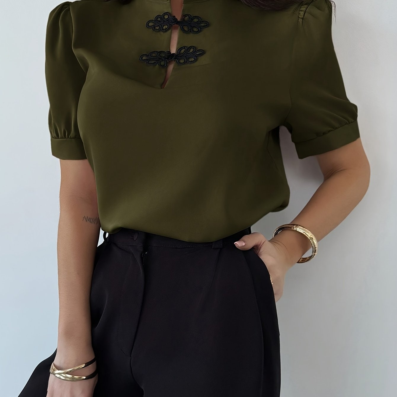 TEMU Women's Elegant Romantic Date Puff Sleeve Button- Shirt, Spring/summer, Valentine's Day Edition