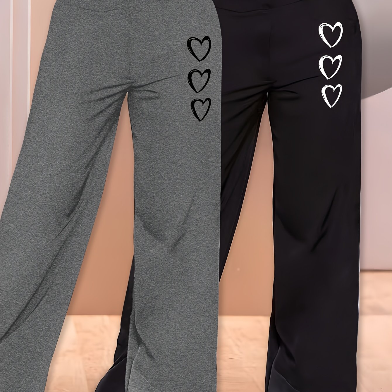 TEMU Elegant - 2pcs Set Of Women's Wide-leg Casual Trousers, Lightweight And For Summer, Featuring A Heart Pattern Print