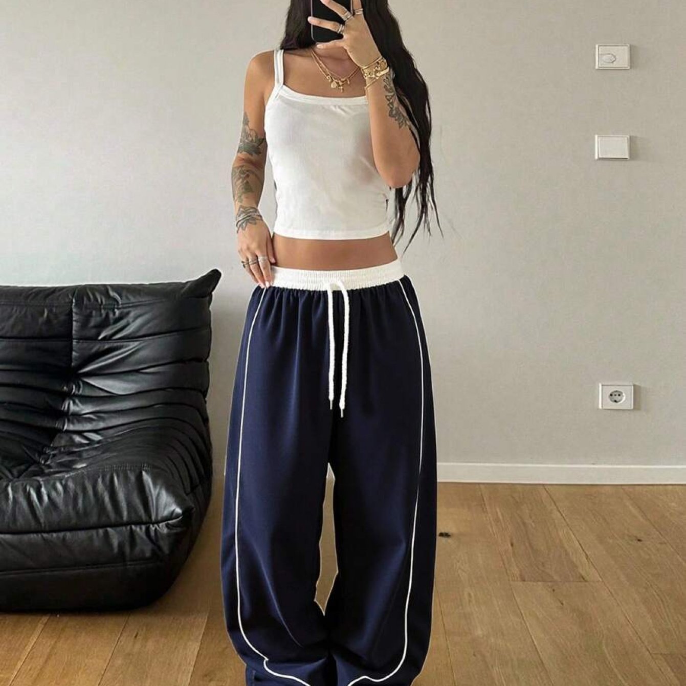 TEMU Women's Contrast Color Drawstring Waist Wide Leg Loose Casual Pants Fall Cloth For Women