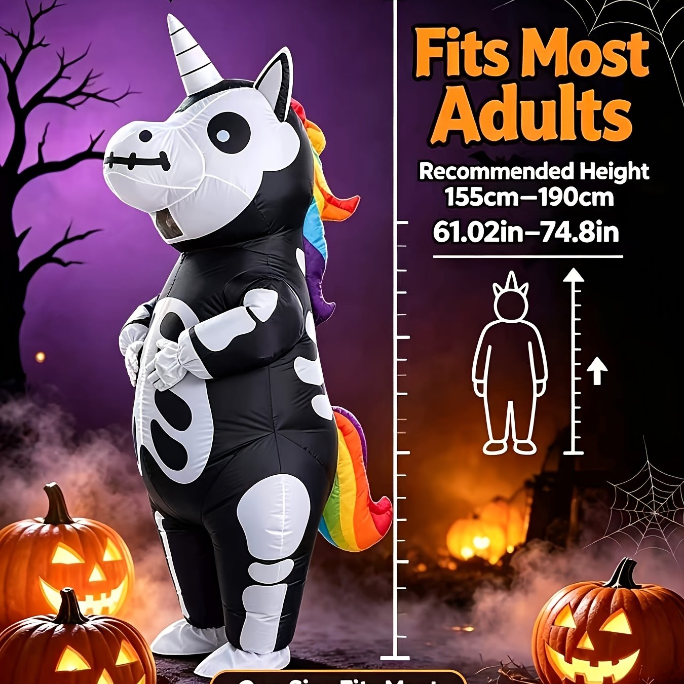 TEMU Halloween 1pc Inflatable Unicorn Costume For Adults (men/women), Black And White, Loose , Party Outfit, No Measurements Required