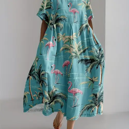 womens plus size tropical flamingo print maxi dress breathable lightweight stretchy fabric loose fit long skirt with layered hem machine washable summer beachwear for casual flowy silhouette