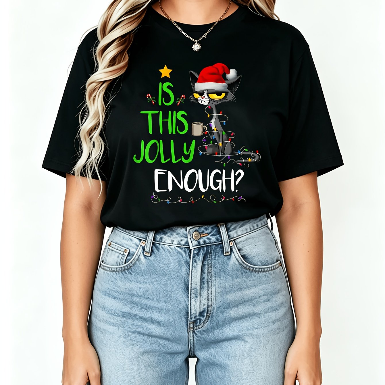 TEMU Plus Size - Christmas Directional Size Large Casual Women's T-shirt Printed Short Sleeve Round Neck Slightly Stretchy T-shirt